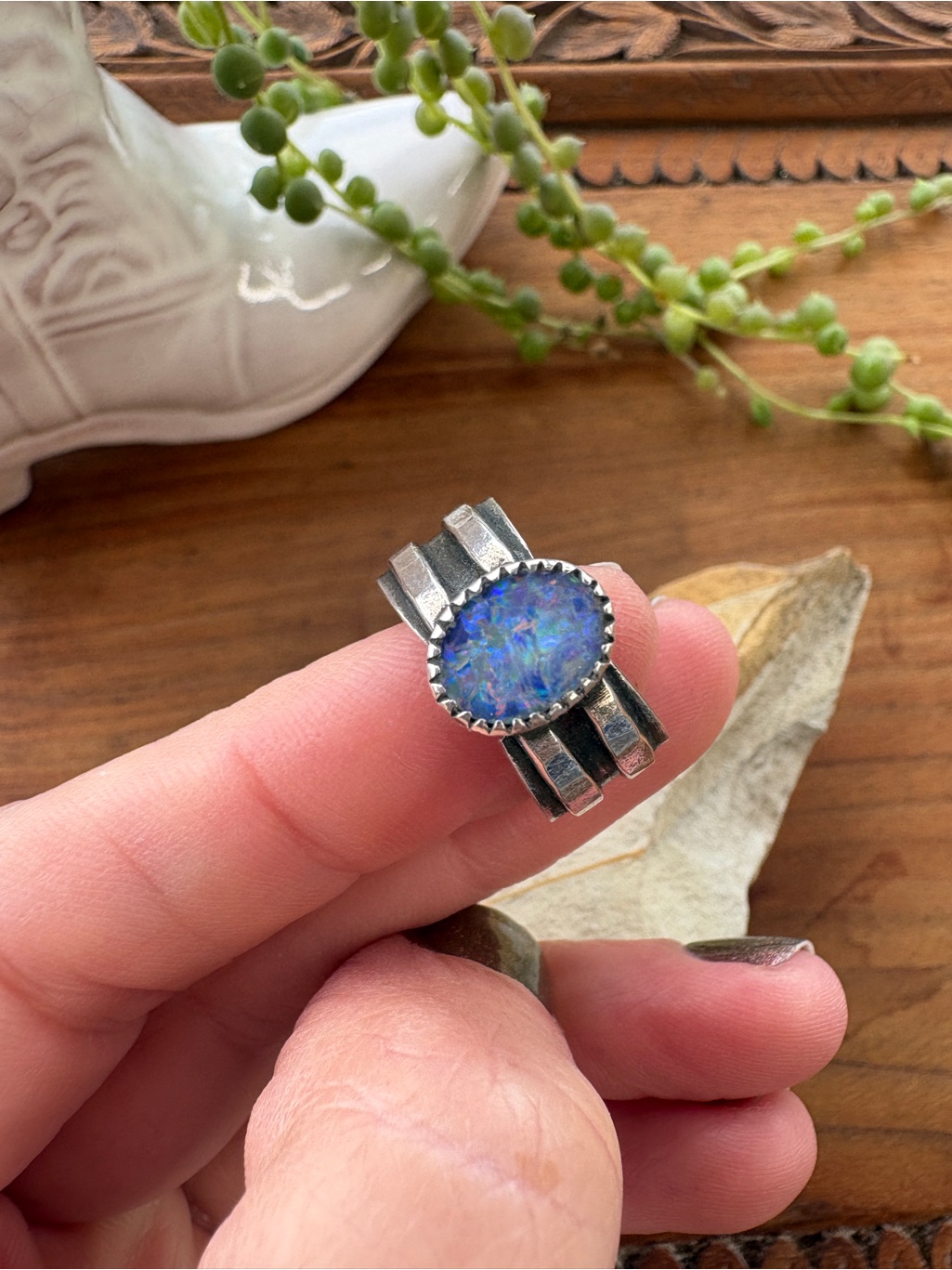 Eriewild Sterling Silver Opal Ring Sz 6.5 Handmade Artisan Signed